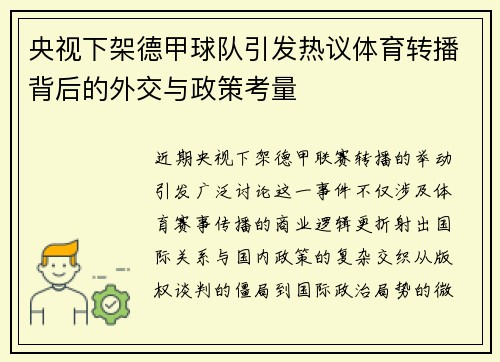 央视下架德甲球队引发热议体育转播背后的外交与政策考量