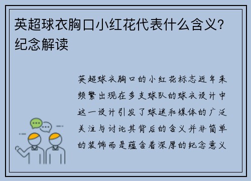 英超球衣胸口小红花代表什么含义？纪念解读
