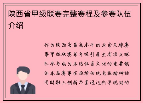 陕西省甲级联赛完整赛程及参赛队伍介绍