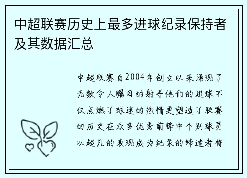 中超联赛历史上最多进球纪录保持者及其数据汇总