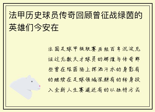 法甲历史球员传奇回顾曾征战绿茵的英雄们今安在